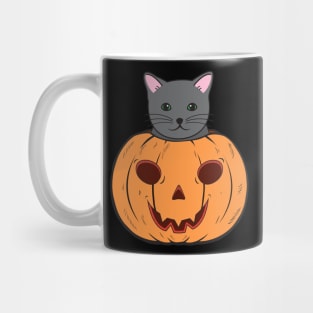 Halloween Cat With Witch Hat Stuck In A Pumpkin Head. Mug